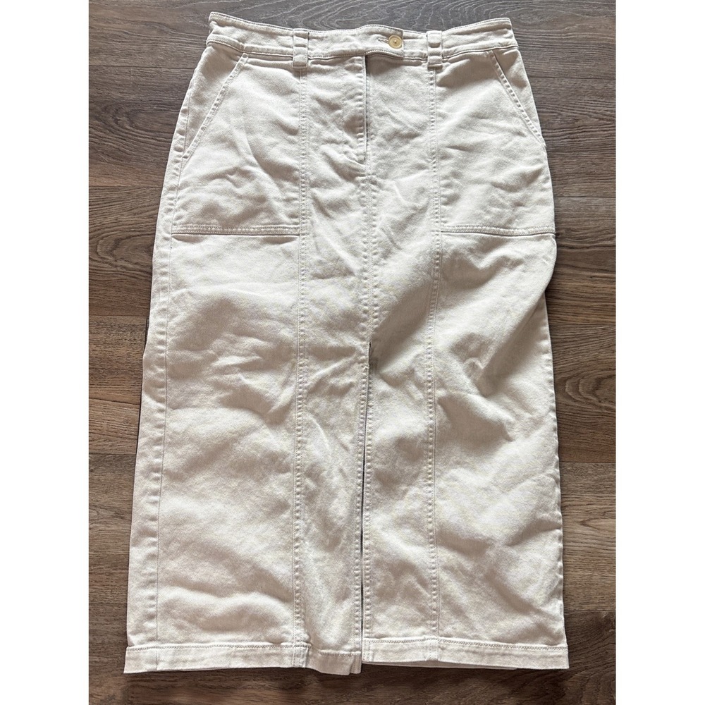 LOFT Womens utility Denim Beige Maxi Long Skirt Slit Big Pocket Stretch Size 12